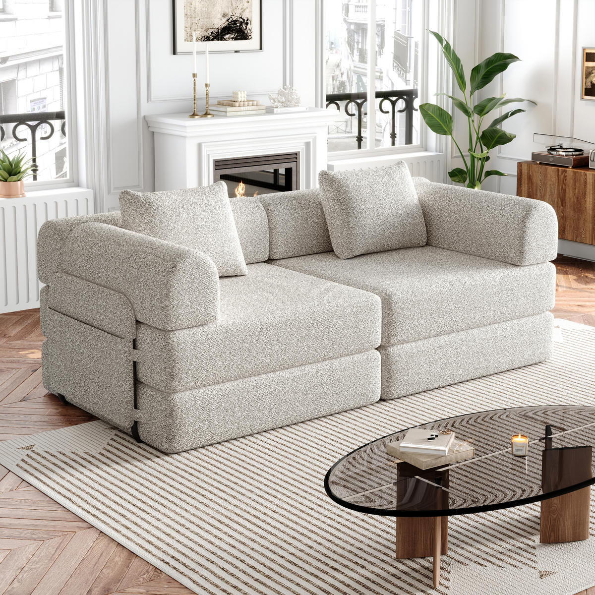 SCHLAFSOFA 2-in-1 mit Armlehnen-Ablagefach in Khaki Chenille 200/90/80 cm - Naturfarben, Textil (181.6/49.5/94cm) - OKWISH