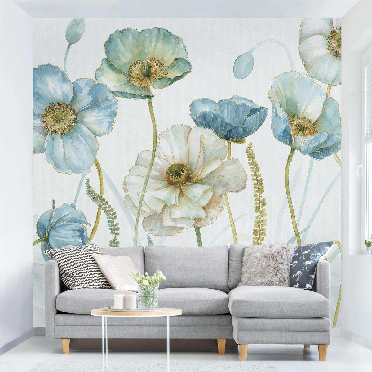 FOTOTAPETE Blüten in Gold und Blau 288/288 cm - Pastellblau, Papier (288/288cm) - Bilderwelten