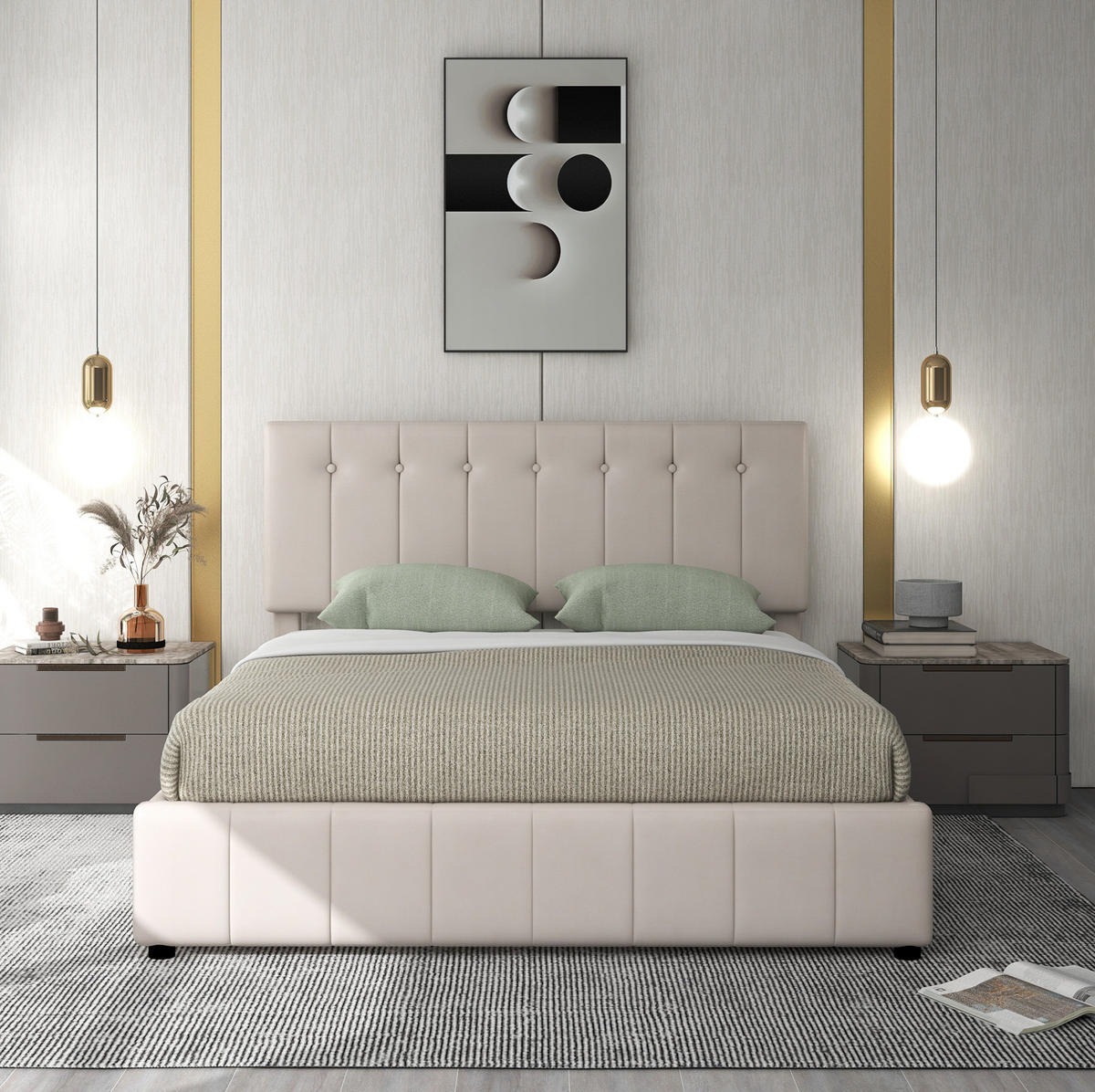 SAMT-POLSTERBETT 140/200 cm mit Bettkasten und höhenverstellbarem Kopfteil - Creme, Textil (140/200cm) - BEAOK
