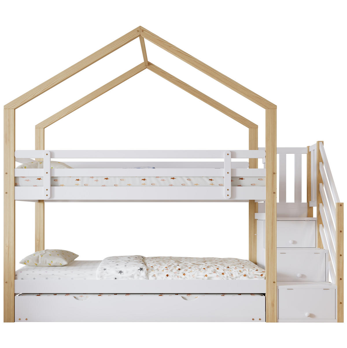 KATNI krevet od masivnog drva i MDF-a 90x200 cm bijela i natur s izvlačivim ležajem, stepenicama i ladicama - bijela, drvni materijal (90/200cm) - Modfu