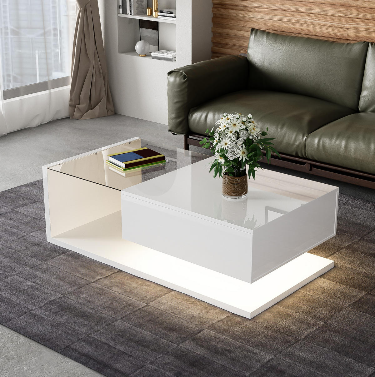 COUCHTISCH 105/55/32.5 cm Weiß aus Spanplatte mit Glasplatte und LED-Beleuchtung - Weiß, Holzwerkstoff (105/55/32.5cm) - OKMYHOME