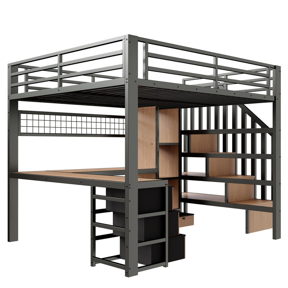 HOCHBETT 140/200 cm in Schwarz mit 4 Schubladen, LED, Schreibtisch und Ablage Metall Kinderbett - Schwarz, Holzwerkstoff/Metall (140/200cm) - STILVORA