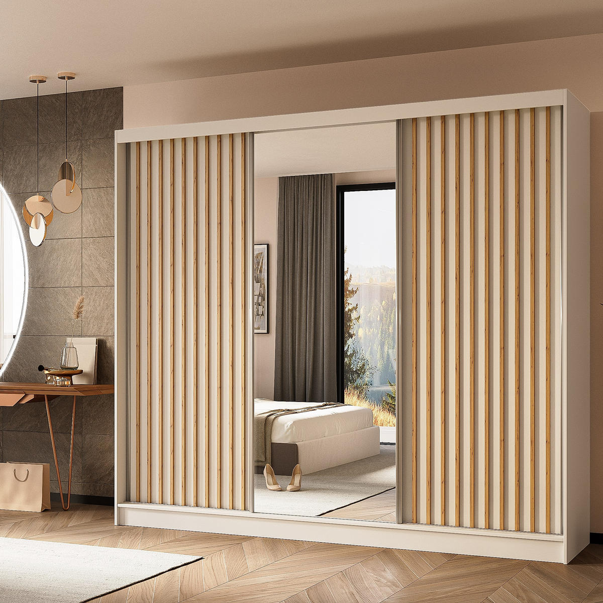 SCHWEBETÜRENSCHRANK LAMELLO 240/216/61 cm 3-türig mit Spiegel Weiß - Weiß, Holzwerkstoff (240/216/61cm) - MASSENO