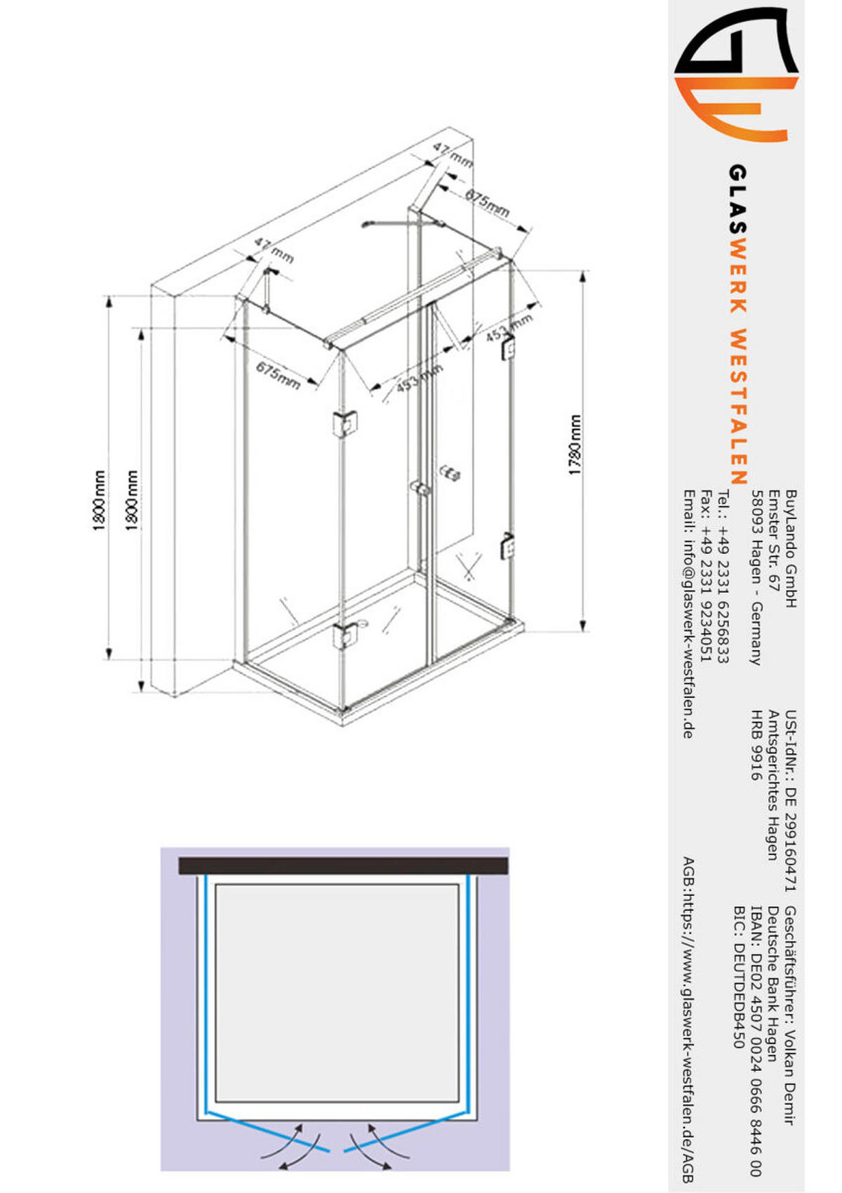 DUSCHKABINE Emma 75x100x75 x180 cm U-Form Schwarz - Schwarz, Glas (75/100/180cm) -  Glaswerk Westfalen