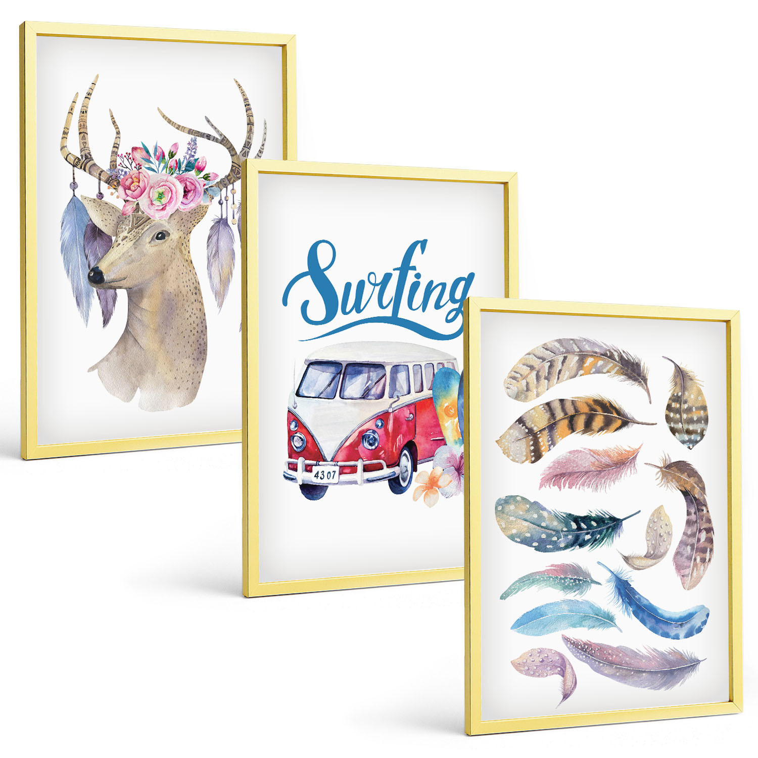 BILDER SET 3er Set - 40x60 cm Goldrahmen - Blumenwagen mit Geweih - Goldfarben, Kunststoff (40/60cm) - TULUP