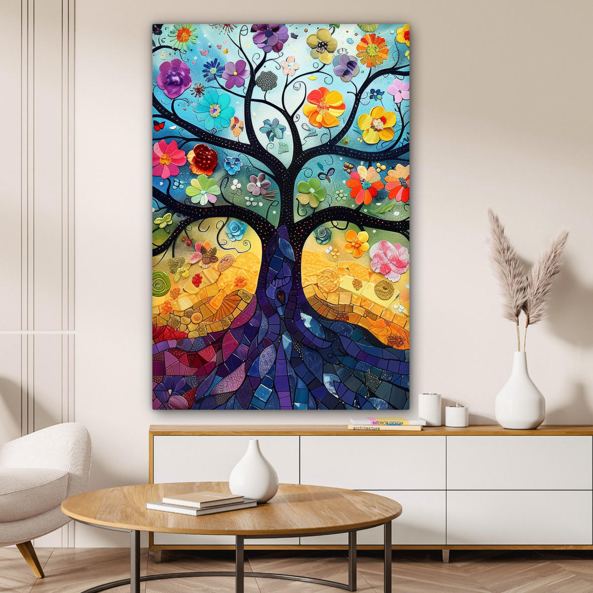 LEINWANDBILD Kunst - Baum des Lebens - Blumen - Hippie Deko XXL 80x120 cm - Dunkelblau, Textil (80/120cm) - MuchoWow