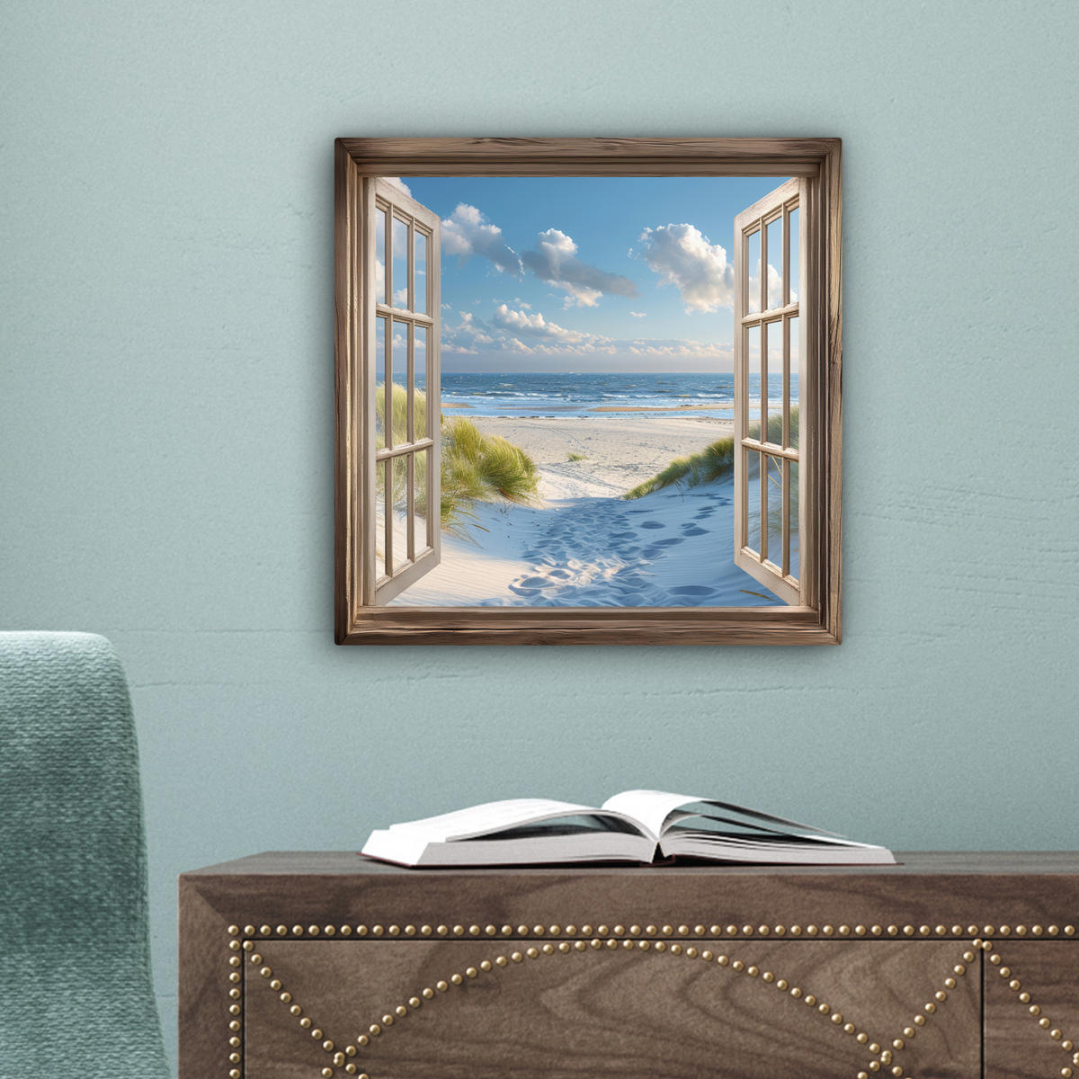 LEINWANDBILD Aussicht - Strand - Fenster - Dünen - Meer 20x20 cm - Hellblau, Textil (20/20cm) - MuchoWow