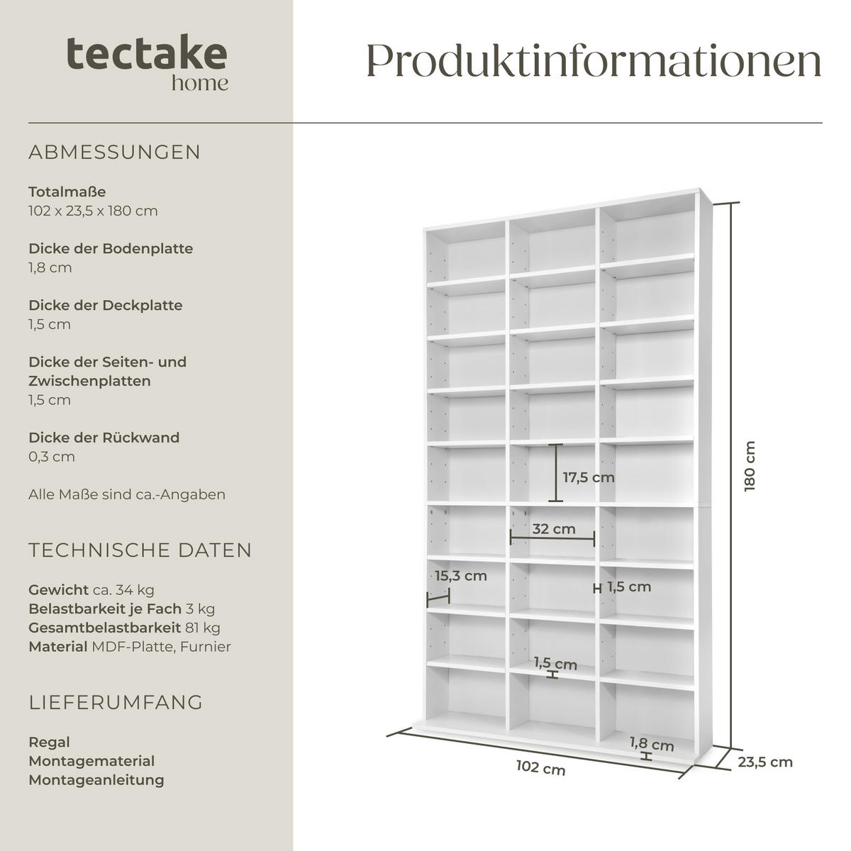 CD/DVD Regal Christel,180 x 102 x 23,5 cm,weiß - Weiß, Holz (23.5/180/102cm) - tectake