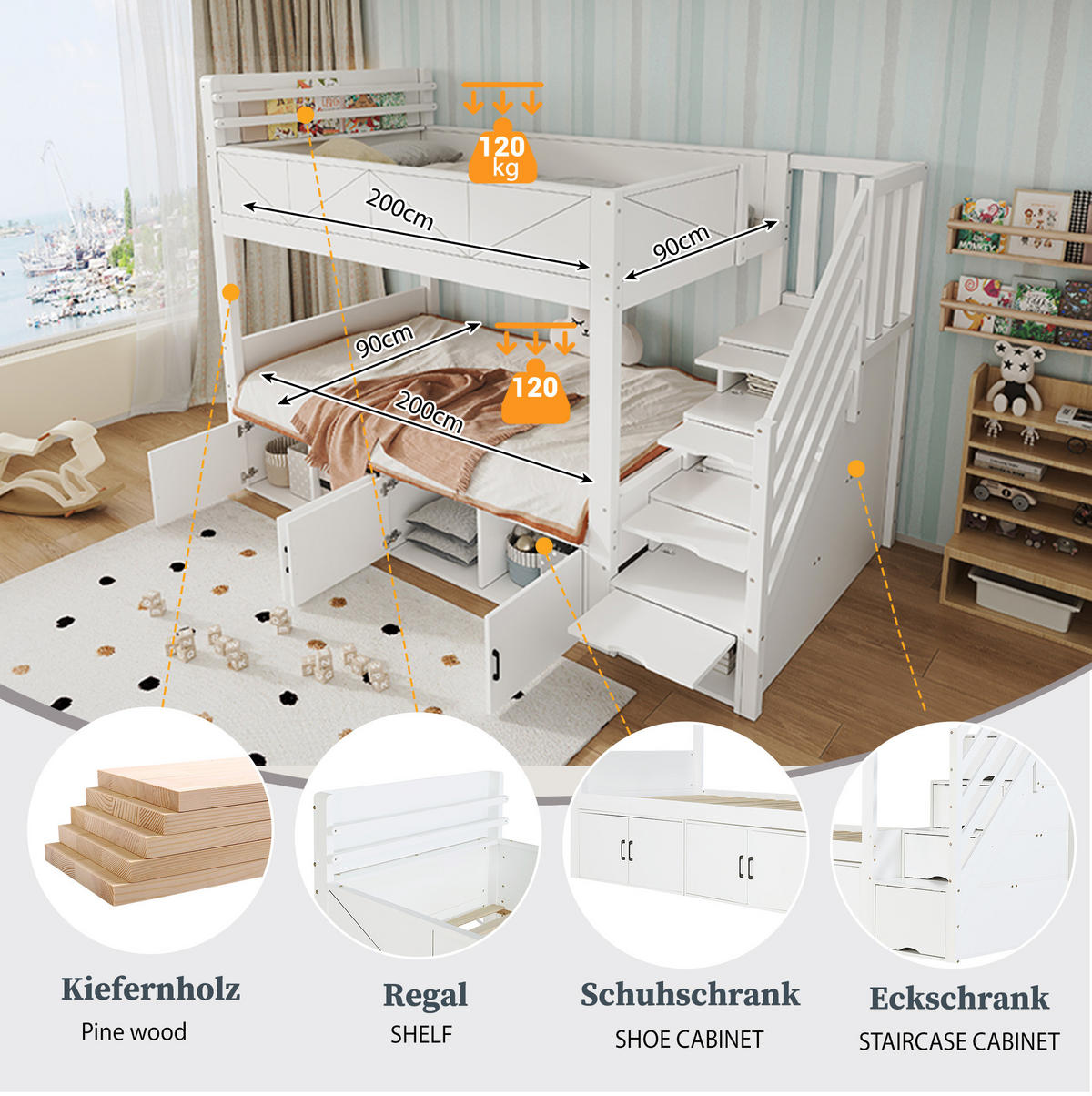 ETAGENBETT 90x200 cm in Weiß mit Stauraumtreppe und Schrankfächern - Weiß, Holz (90/200cm) - IVMEU
