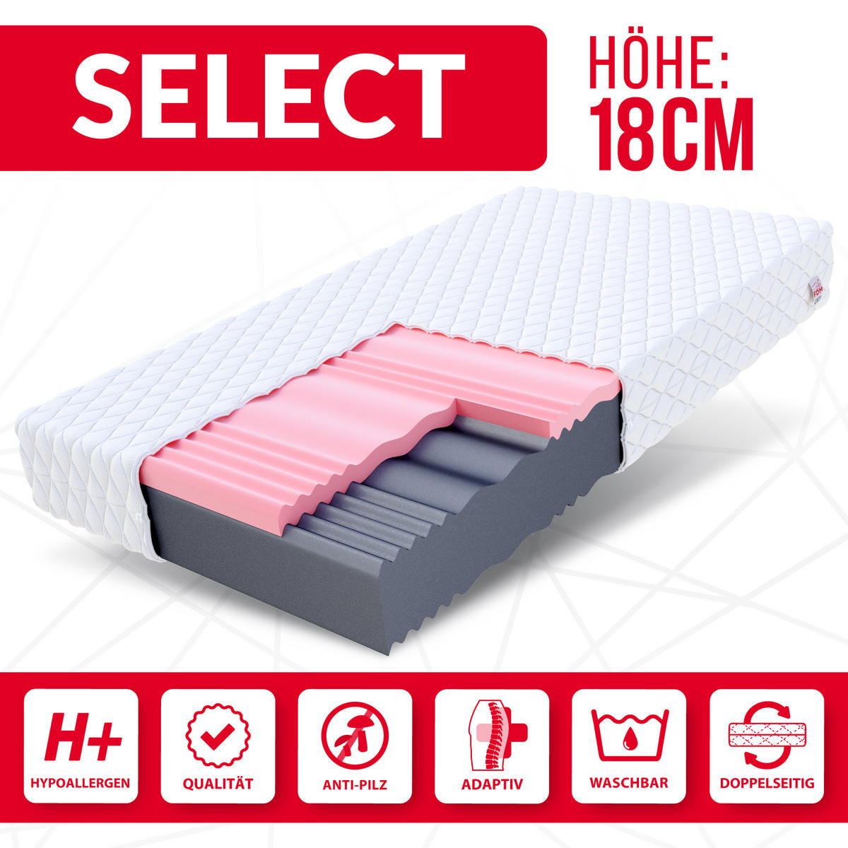 KALTSCHAUMMATRATZE Selectmax H3 H4 18 cm - Weiß, Textil (100/200cm) - FDM