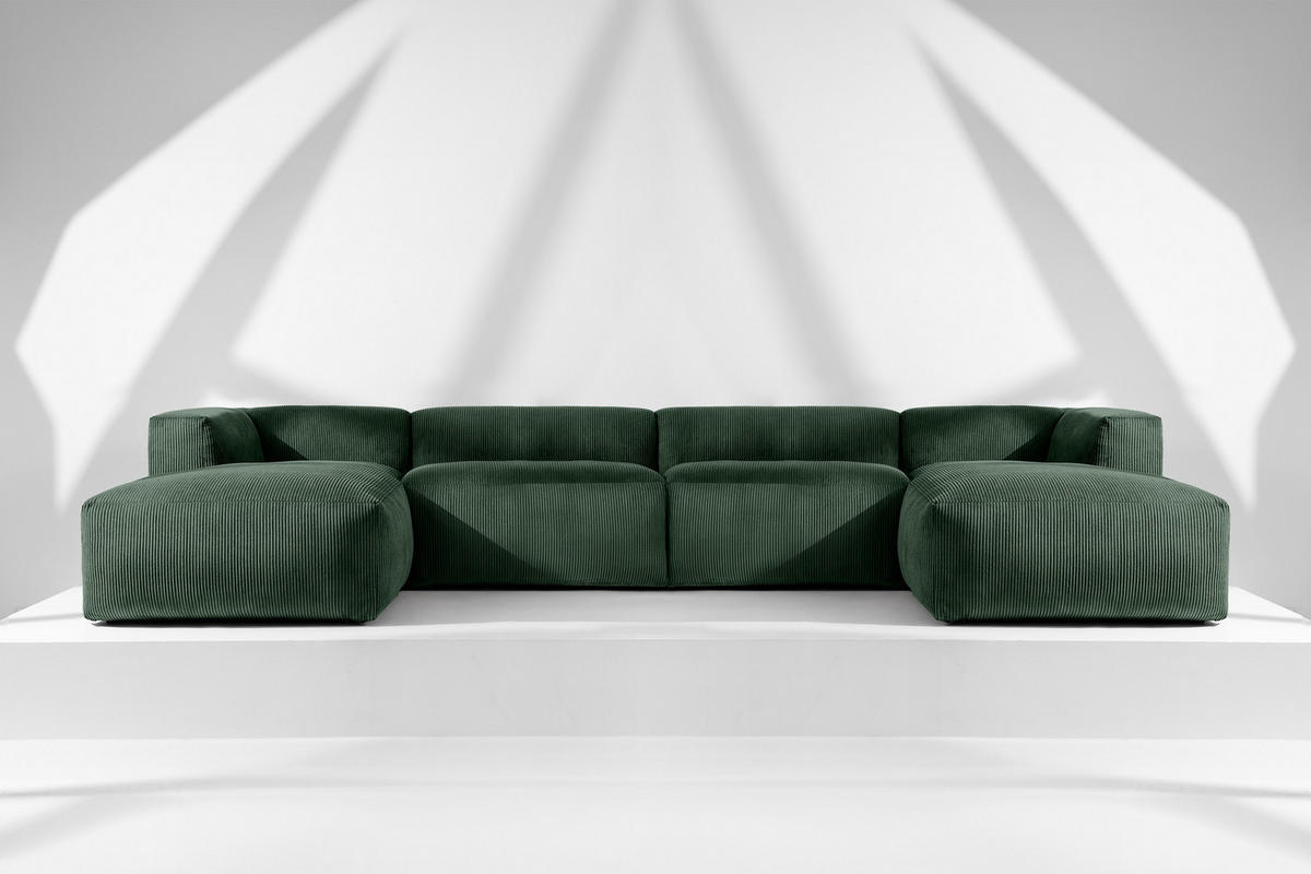 PANORAMA-ECKSOFA BUFFO 7/8 Sitzer mit extrem weicher Sitzfläche, Kordstoff, dunkelgrün - Dunkelgrün, Textil (424/73/180cm) - KONSIMO®