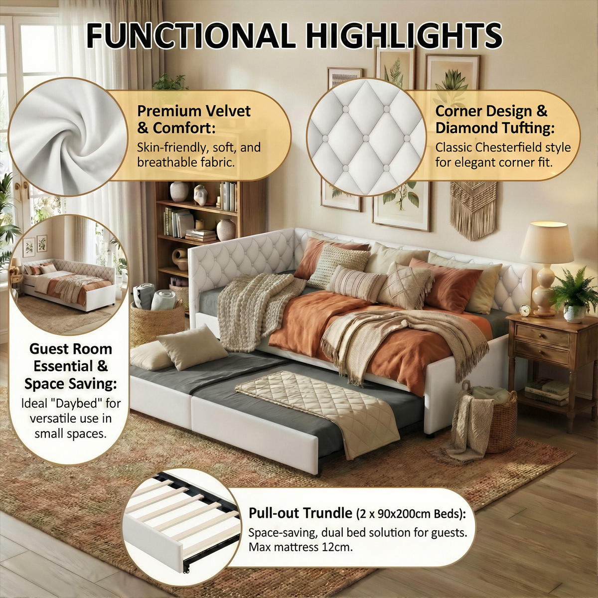 POLSTERBETT Tagesbett 90/200 cm mit Ausziehbarer Tandemliege Samtoptik Beige - Beige, Textil (90/200cm) - Creahappy