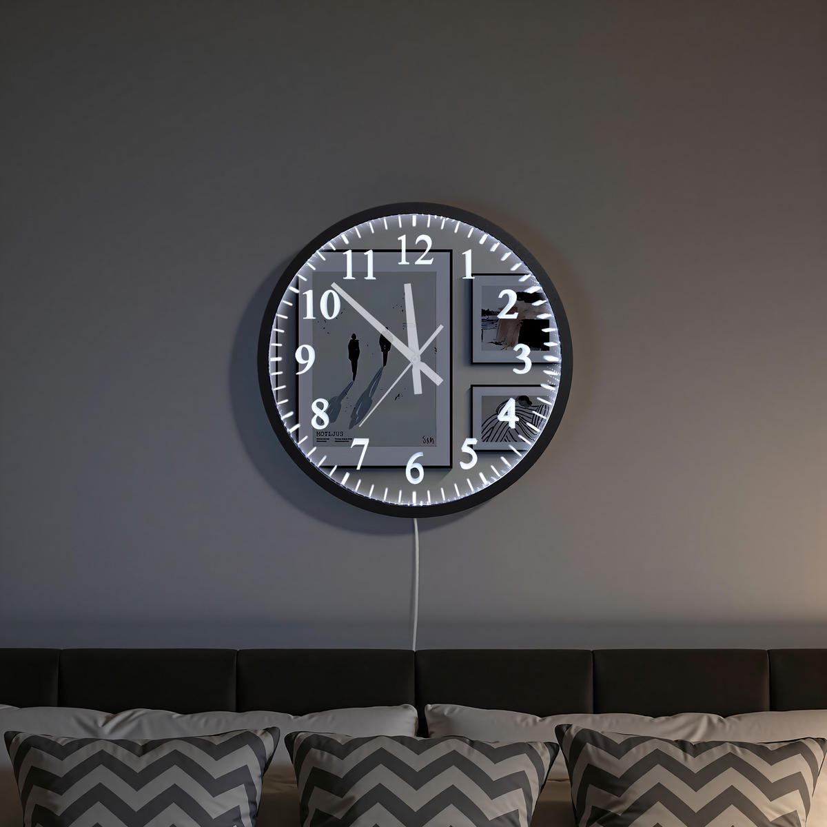 40X40CM Runder LED-Spiegel mit Uhrfunktion - Schwarz, Glas (40/40/3.5cm) - Hometopia