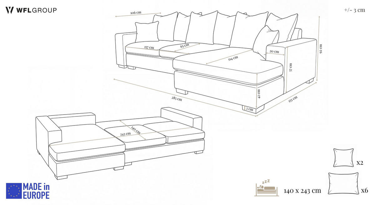 ECKSOFA Dahlia mit Schlaffunktion und Bettkasten in L-Form Links - Hellgrau Chenille 285/92/155 cm - Hellgrau/Schwarz, Kunststoff/Textil (285/155cm) - WFL GROUP