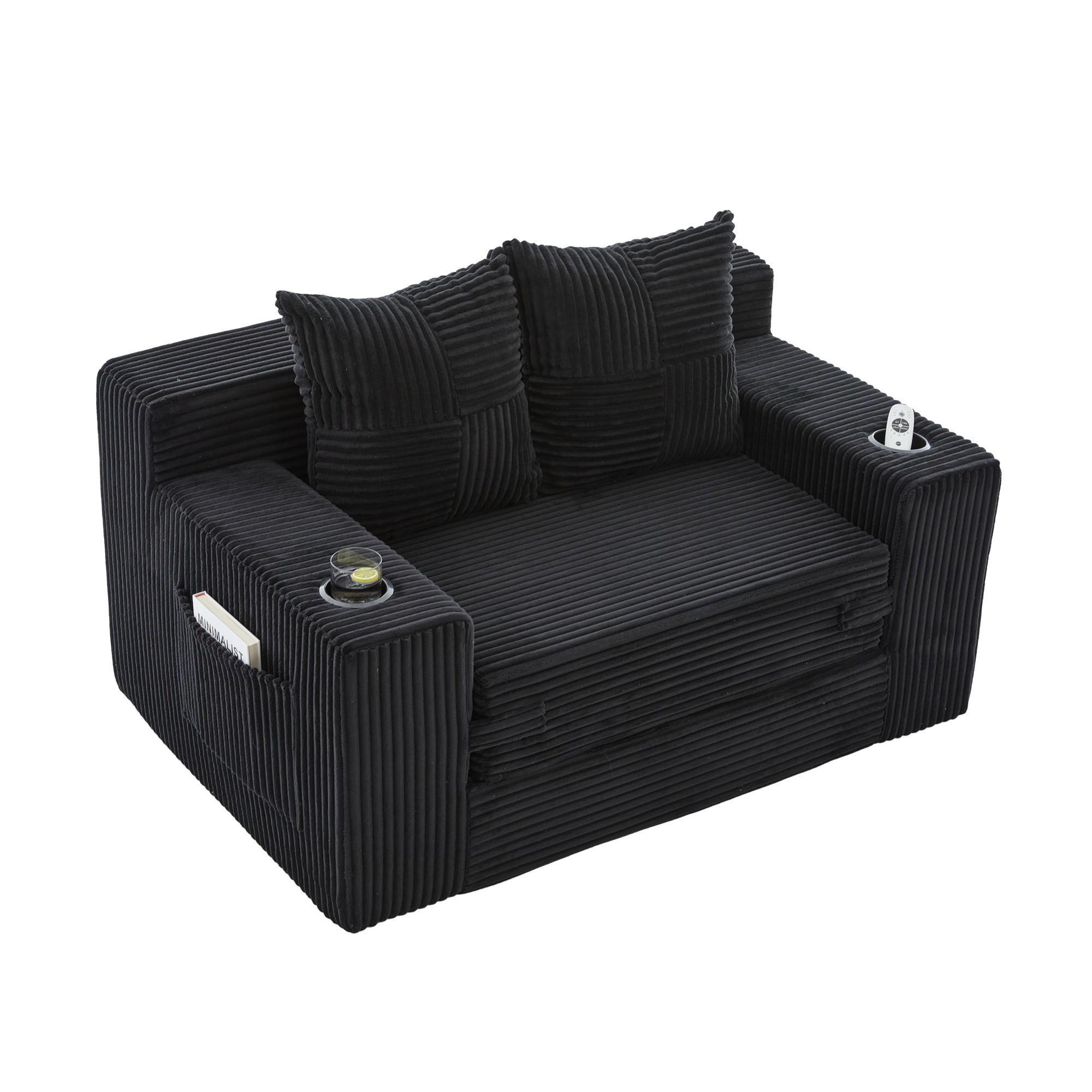 SCHLAFSOFA 2-in-1 mit Hocker, 2 Kissen und Becherhalter, DE-42913, Schwarz - Schwarz, Textil (133/64/87cm) - ComfortXL