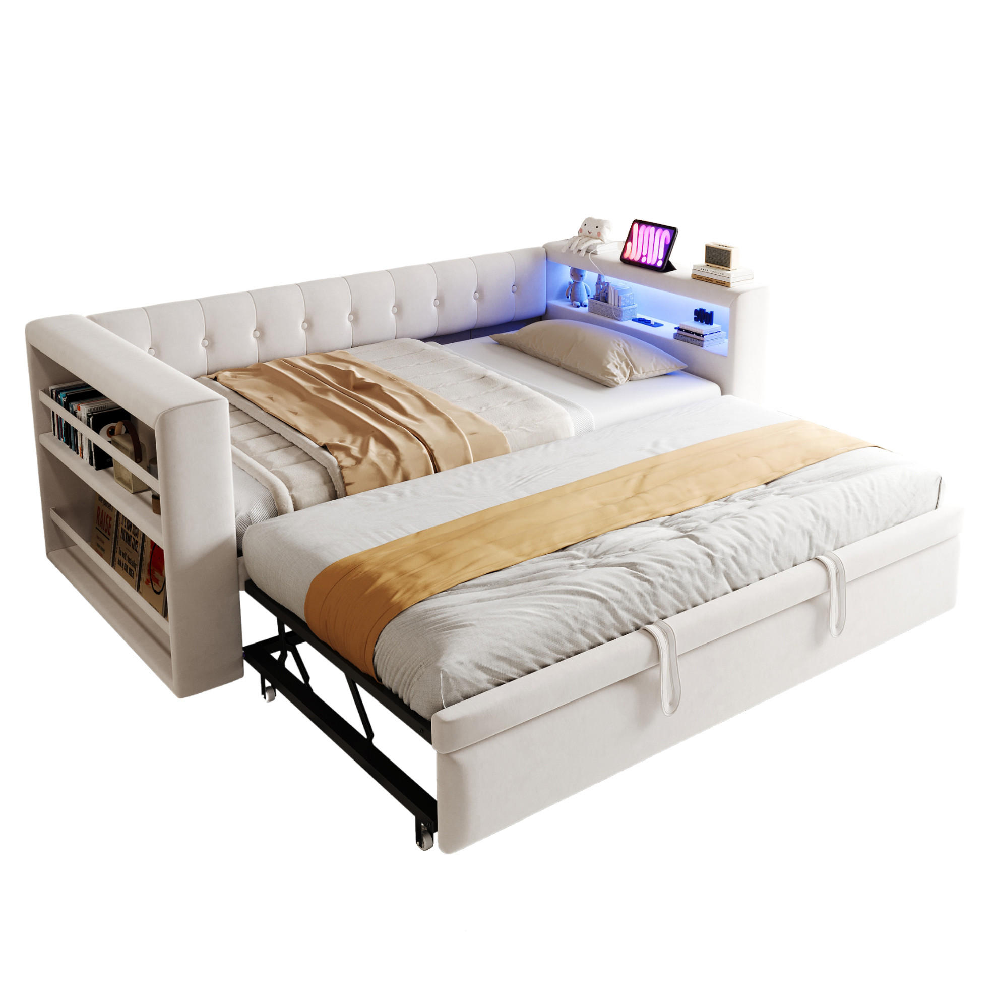 POLSTERBETT 90/180 x 190 cm aus Flannelette mit LED-Beleuchtung Steckdose und Stauraum Beige - Beige, Textil (90/180cm) - Modenvie