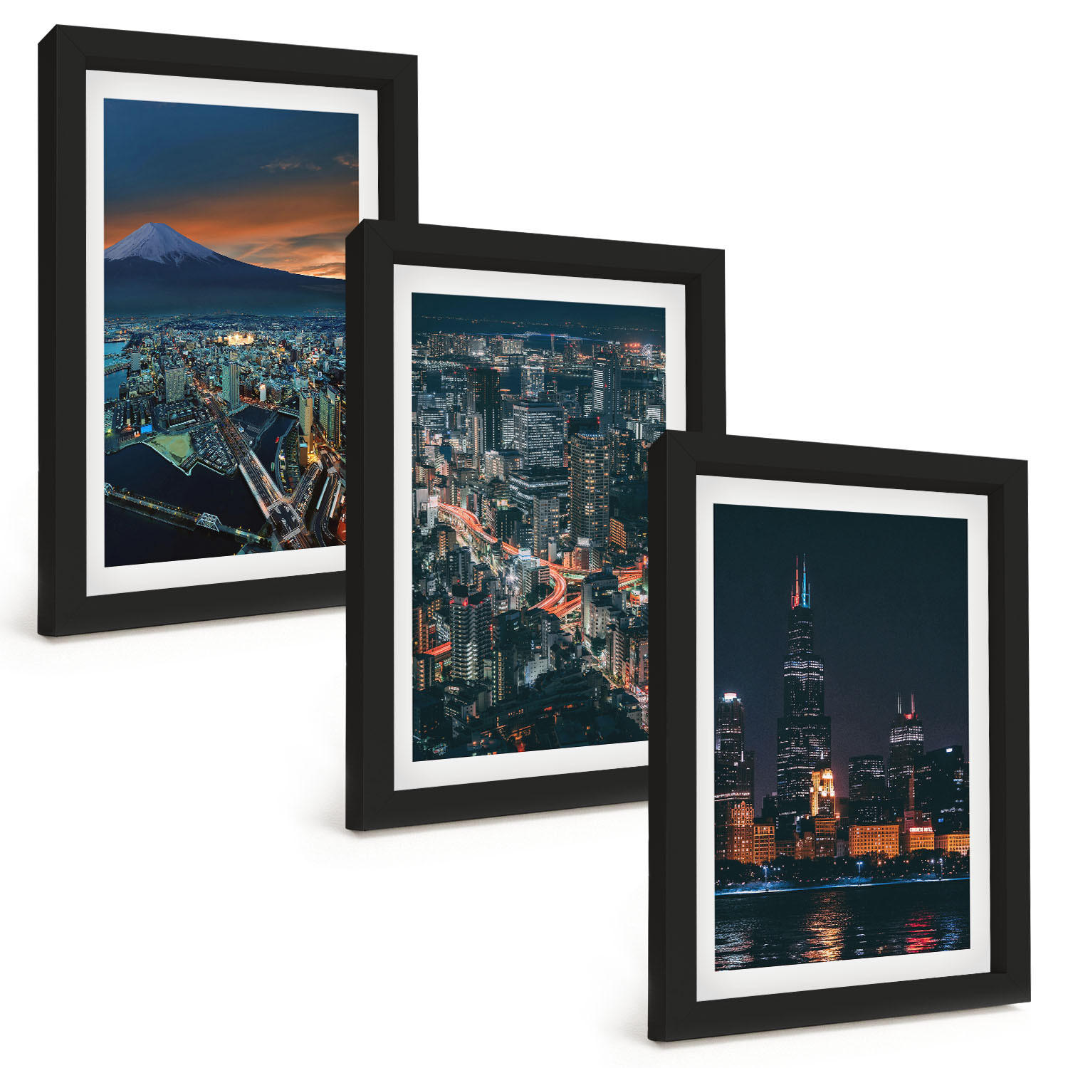 BILDER SET 3er Set - 20x30 cm Schwarzer Rahmen - Bergpanorama der Stadt bei Nacht - Schwarz, Kunststoff (20/30cm) - TULUP
