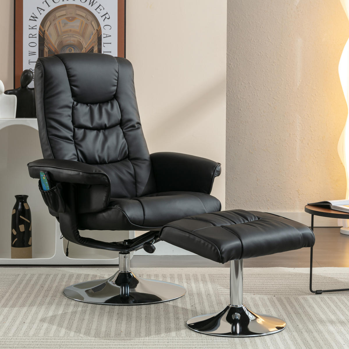 MASSAGESESSEL PU-Leder mit Heizfunktion und 5-Punkt-Massage 79/79/106 cm Schwarz - Schwarz, Kunststoff (79/106/79cm) - Redom
