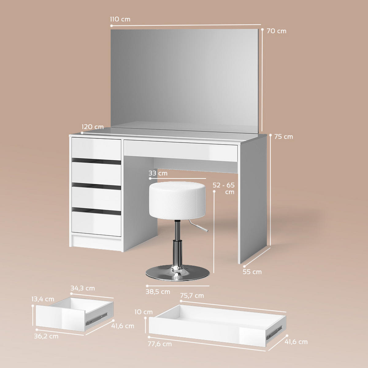 SCHMINKTISCH-SET Imola Weiß 120 cm mit Hocker - Weiß, Holzwerkstoff (120/75/55cm) - Livinity®