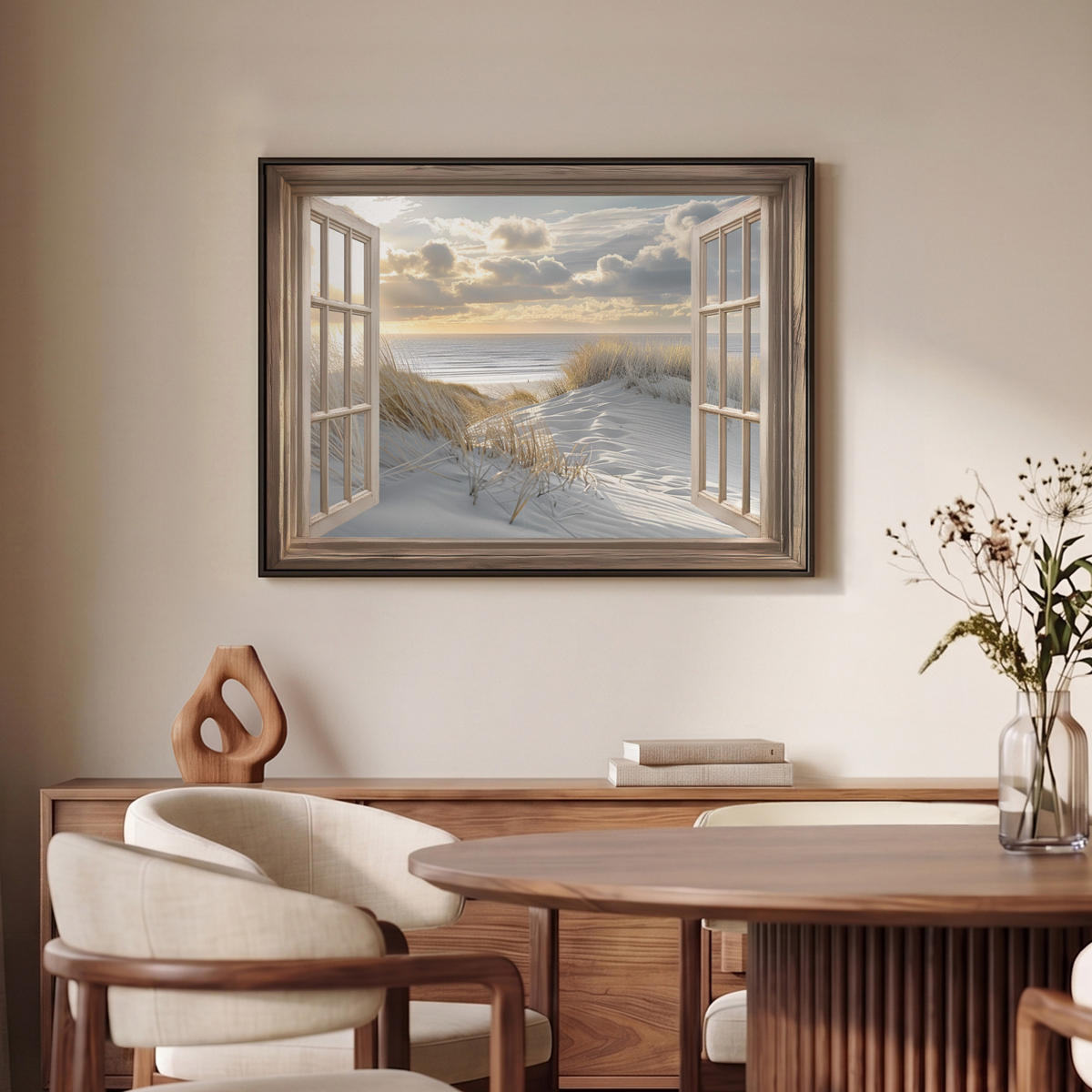 LEINWAND Bilder mit Rahmen - Ausblick - Strand - Dünen - Meer - Natur - 70x50 - Sandfarben, Textil (70/50cm) - MuchoWow