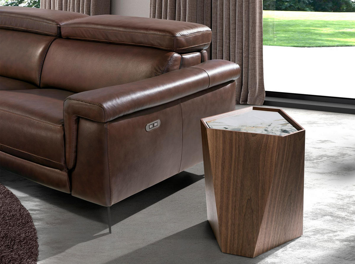 ECKTISCH Dreieckiger Ecktisch aus Porzellanmarmor und Nussbaumholz 43/37/50 cm - Walnussfarben/Weiß, Holz (37/43/50cm) - ANGEL CERDA