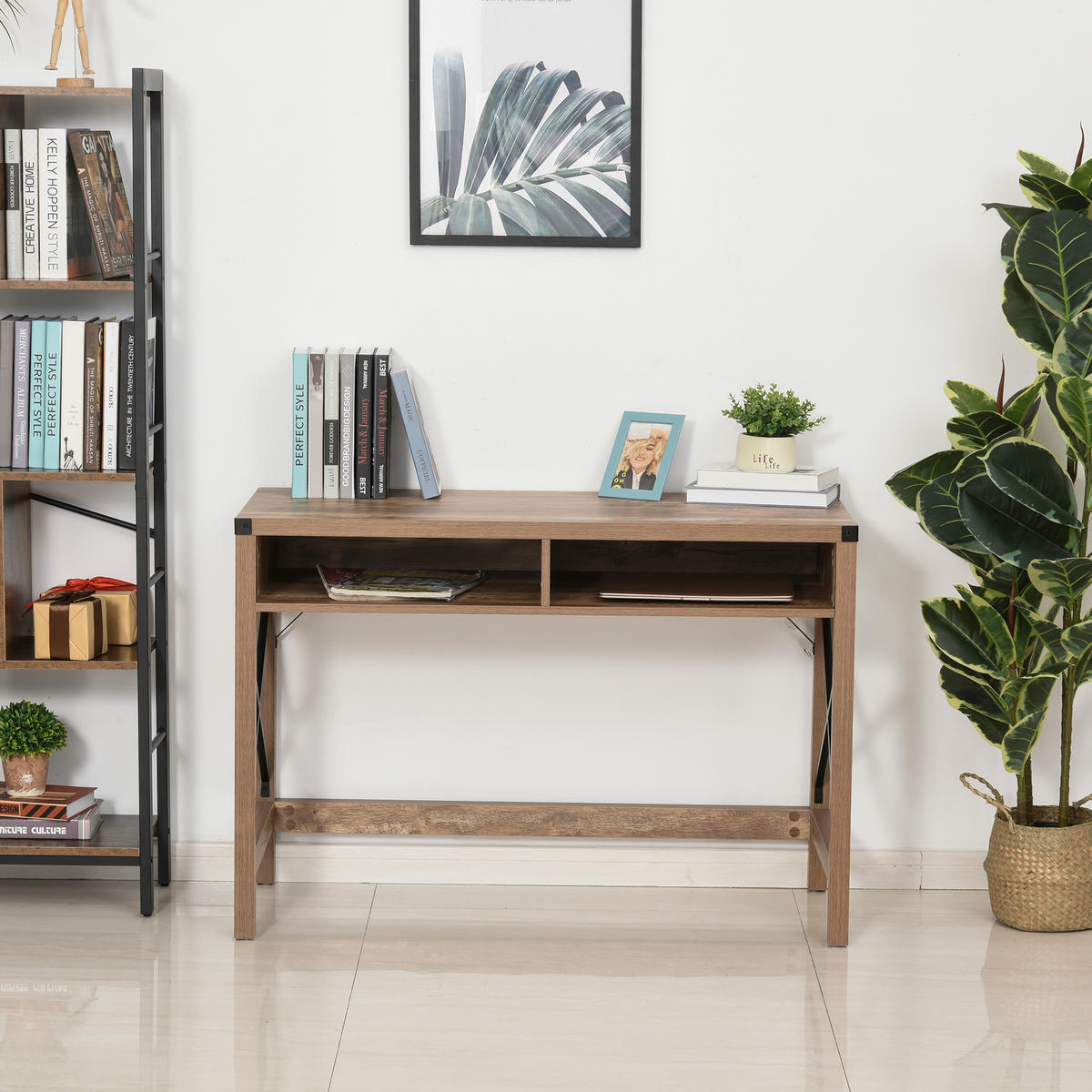 SCHREIBTISCH Schwarz und Braun Holzoptik mit 2 offenen Fächern 110/48/76 cm - Braun, Holz (48/110/76cm) - PANGIVO