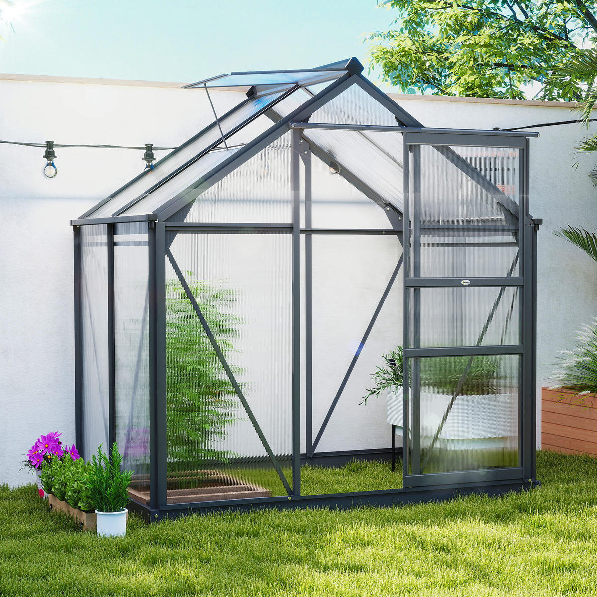 GEWÄCHSHAUS mit Dachfenster mit Tür mit Fundament, Alu+Polycarbonat, Grau+Transparent - Transparent/Grau, Kunststoff/Metall (132/201/190cm) - Outsunny