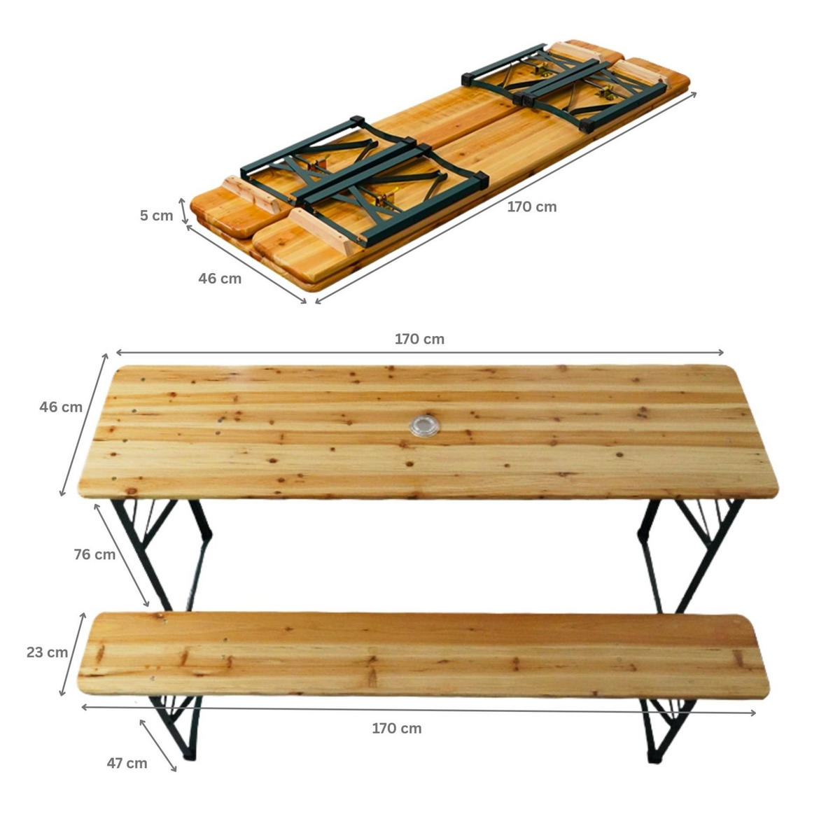 BIERZELTGARNITUR 3-teilig klappbar 1x Tisch 2x Bierbank 76x170x46 cm Holz - Hellbraun, Holz - CHEFGASTRO