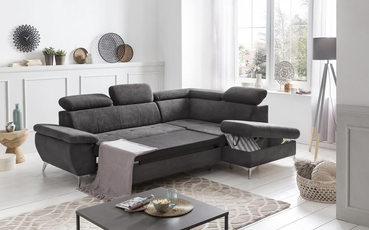ECKSOFA mit Schlaffunktion und praktischem Bettkasten - Chromfarben/Anthrazit, Textil/Metall (209/256cm) - Cotta