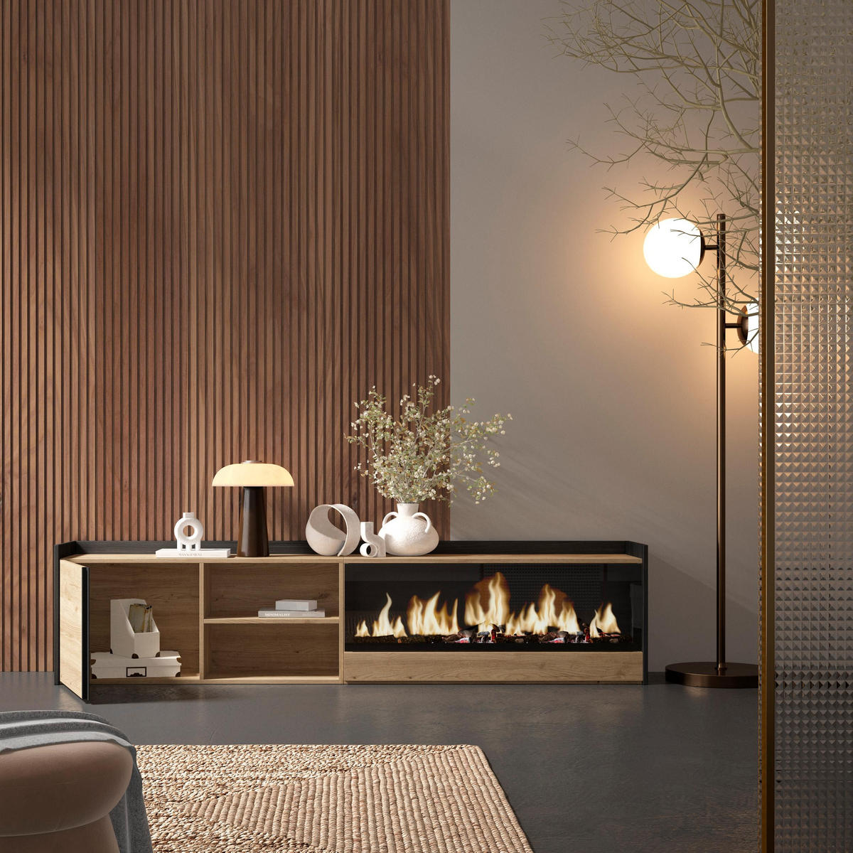 LOWBOARD, Eiche und Schwarz, 212/35/50cm, Kamin mit Feuereffekt XXL - Eichefarben, Holzwerkstoff (212/50/35cm) - Skraut Home