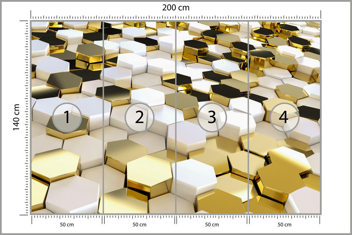 FOTOTAPETE für Büro Futuristisch Goldene Hexagone Formen Geometrie 200x140 - Gelb/Goldfarben, Papier (200/140cm) - Muralo