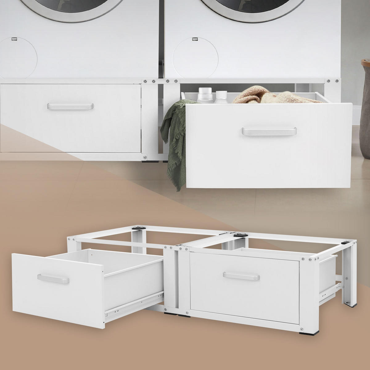 DVOJITÝ PODSTAVEC PRO PRAČKY 2 zásuvky bílý 128x53,5x31,5 cm z oceli - bílá, kov (128/31.5/53.5cm) - ML-DESIGN