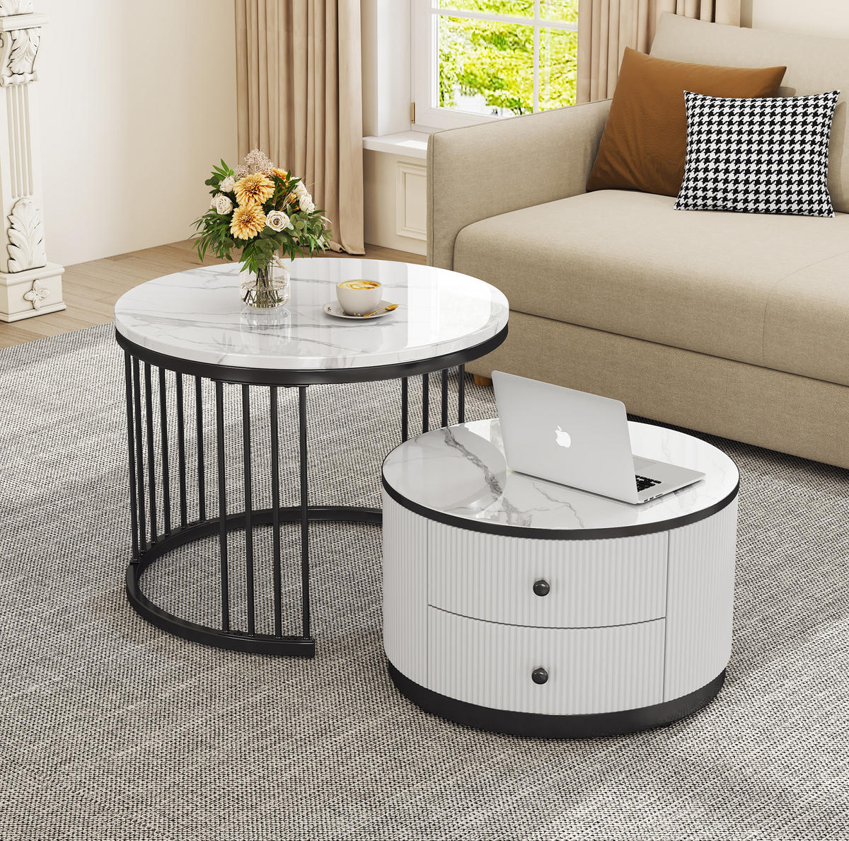 COUCHTISCH-SET 60/60/45,5 & 50/50/32 cm mit 2 Schubladen und Nestfunktion in Marmoroptik, Weiß/Schwarz - Weiß, Holzwerkstoff (60/60/45cm) - Modfu