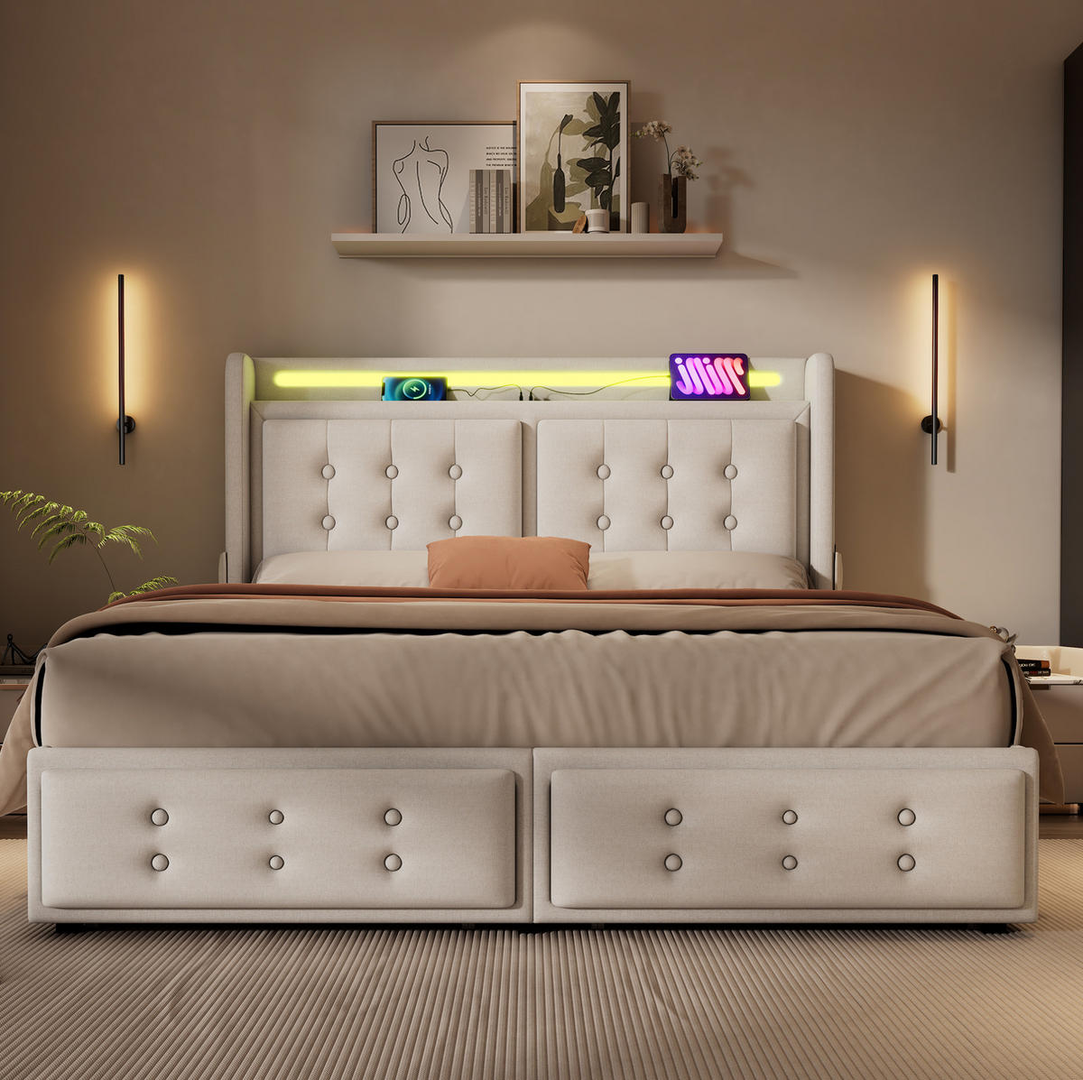 POLSTERBETT mit Baumwoll-Leinenbezug 180x200 cm Beige mit LED-Beleuchtung, USB-C und 4 Schubladen - Beige, Textil (180/200cm) - IVMEU