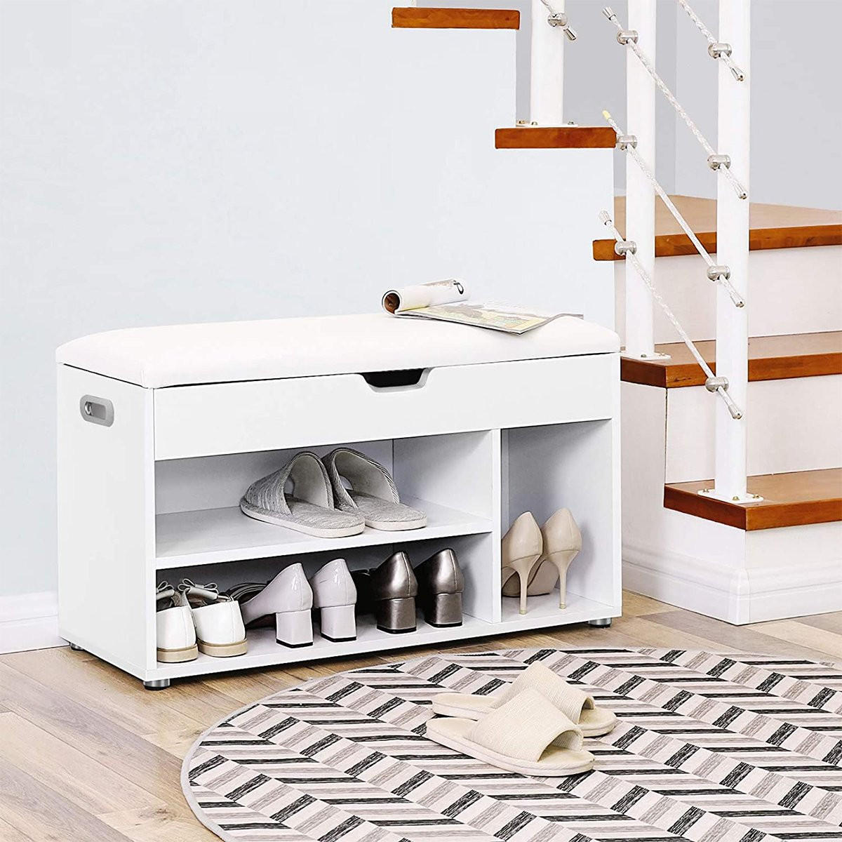 SCHUHBANK 3 Fächer und 1 Truhe mit bequemer Sitzfläche - H44 cm - Weiß, Holzwerkstoff (30/44/80cm) - Calicosy