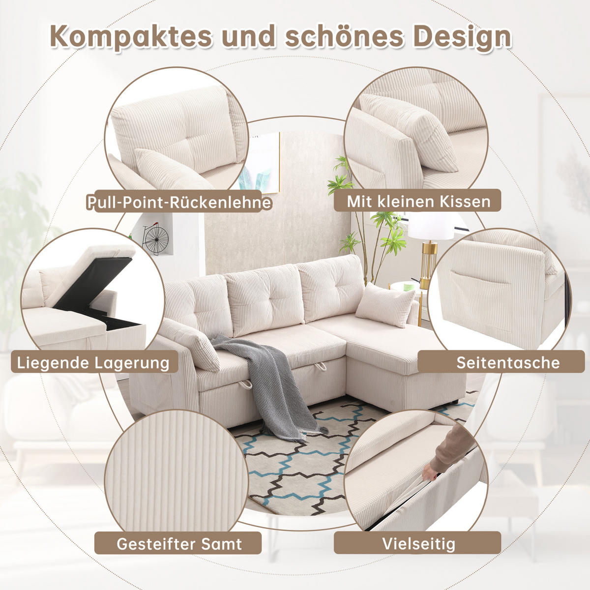 ECKSCHLAFSOFA Cord mit Stauraum und umbaubarer Ottomane Beige 206/108/66 cm - Beige, Textil (108/206cm) - Redom