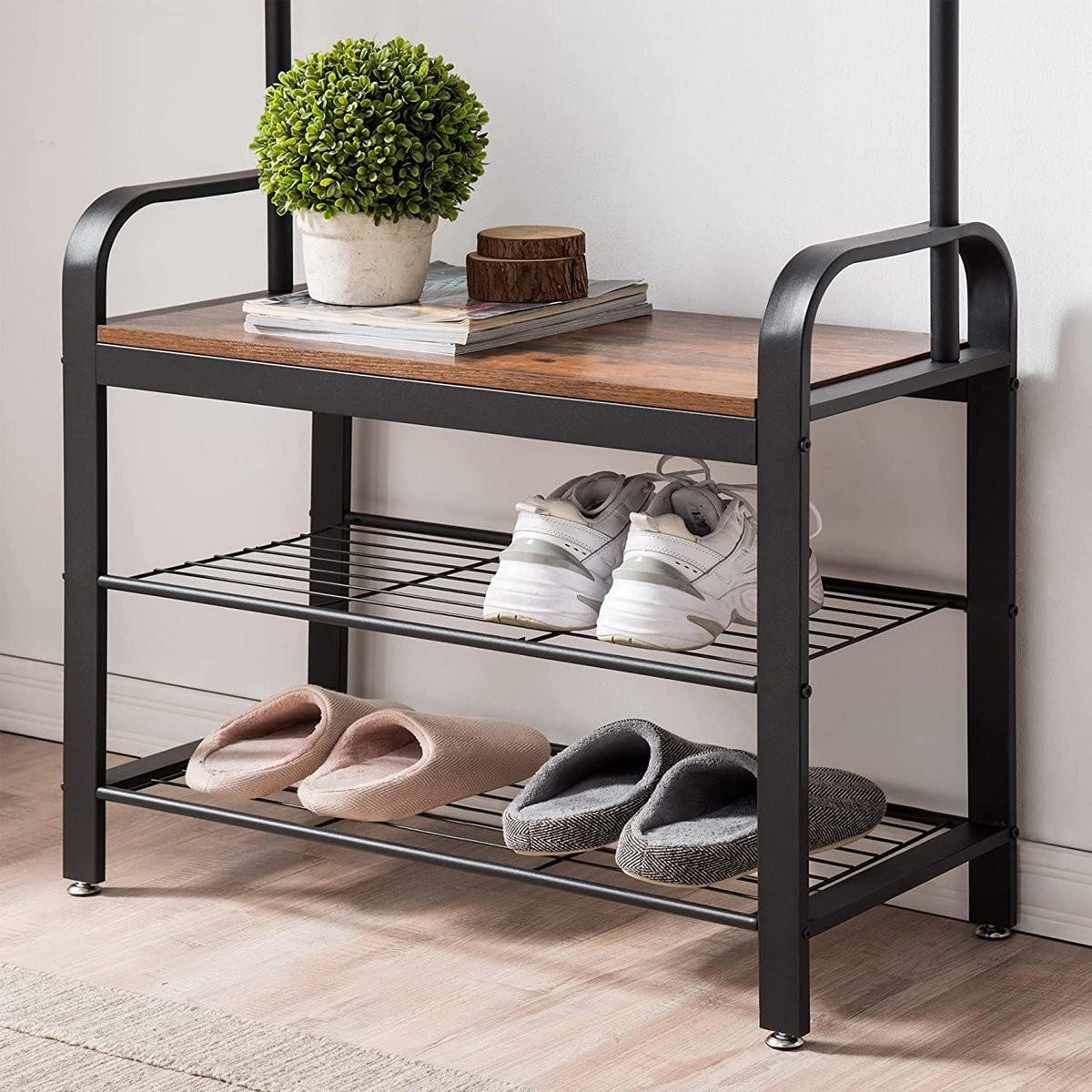 GARDEROBENSTÄNDER mit 9 Haken und Schuhbank - L72 cm - Braun, Holzwerkstoff (33.7/183/72cm) - Calicosy
