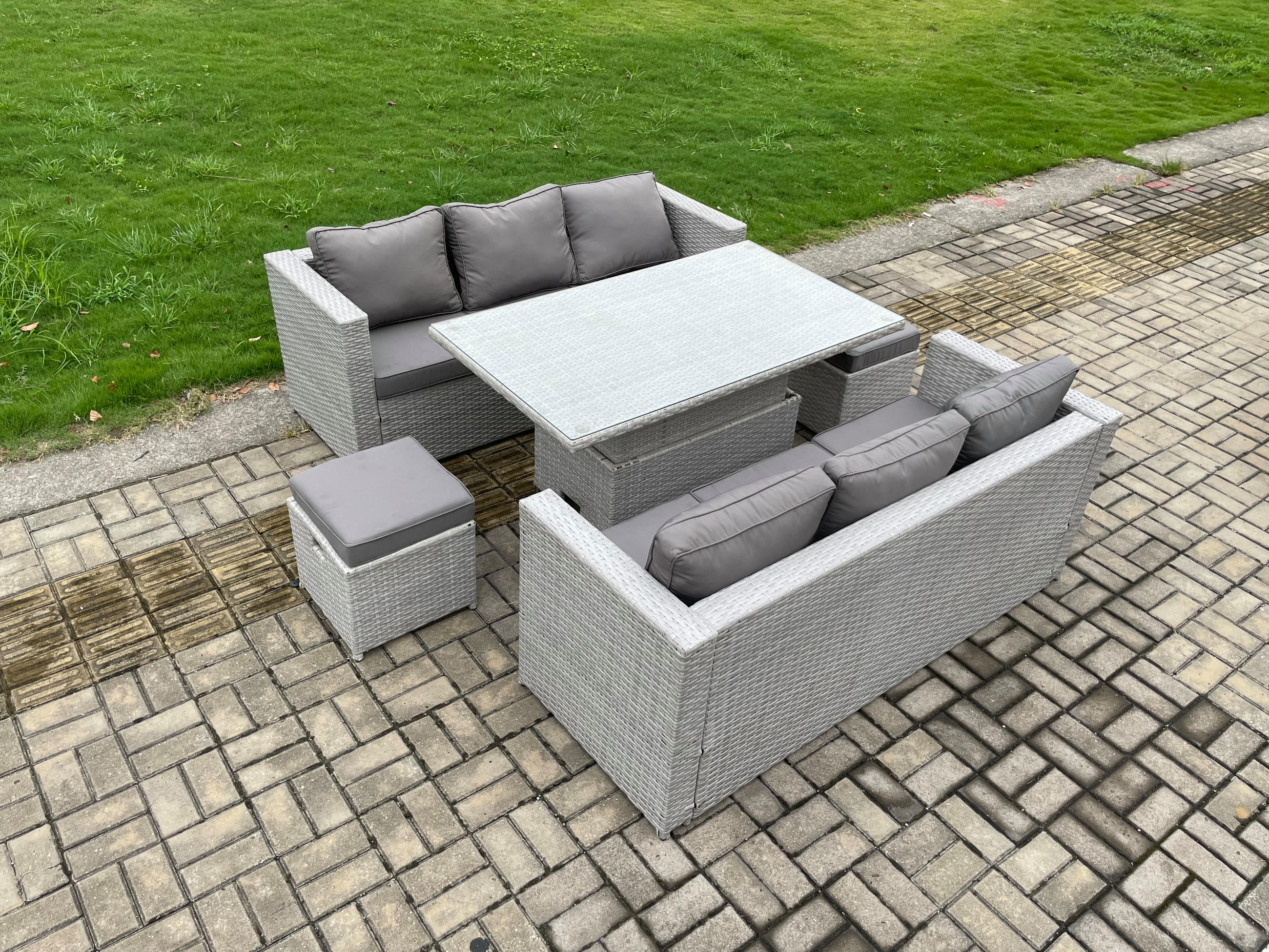 GARTENMÖBEL SET mit höhenverstellbarer Tisch Polyrattan Helles Grau 8-Sitzer - Hellgrau, Metall - Fimous