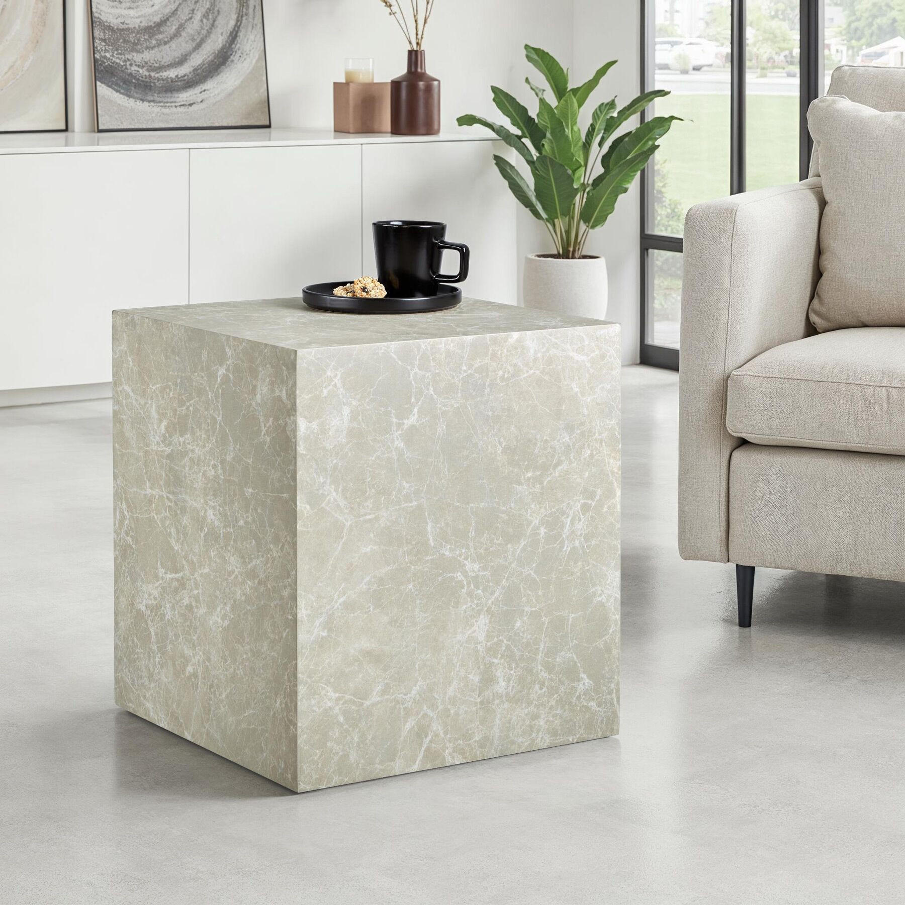 COUCHTISCH Lasley,inkl. Bodenschoner, Belastbarkeit 45 kg,Travertin Optik - Beige, Holz (45/45/50cm) - tectake