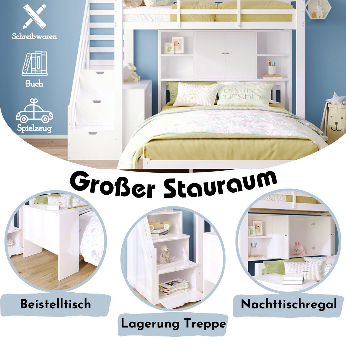 ETAGENBETT 90x200+140x200 Kinderbett Mit Stauraum Weiß - Weiß, Holzwerkstoff - FLIEKS