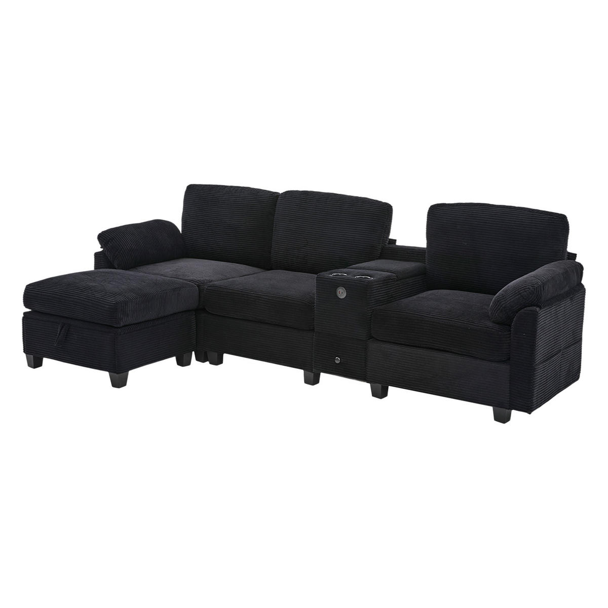 ECKSOFA L-Form mit verstellbarer Mittelkonsole und Stauraumhocker Cord schwarz 266/136/82 cm - Schwarz, Textil (266/136cm) - OKWISH