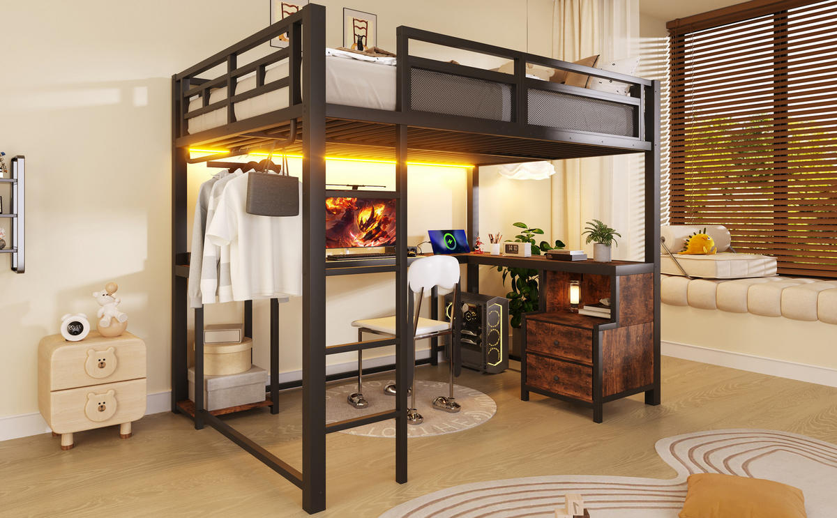 HOCHBETT schwarz 140 × 200 cm aus Metall mit LED‑Beleuchtung, USB‑Ladestation, Schreibtisch & Ablagefächern - Schwarz, Metall (140/200cm) - Luhomfu