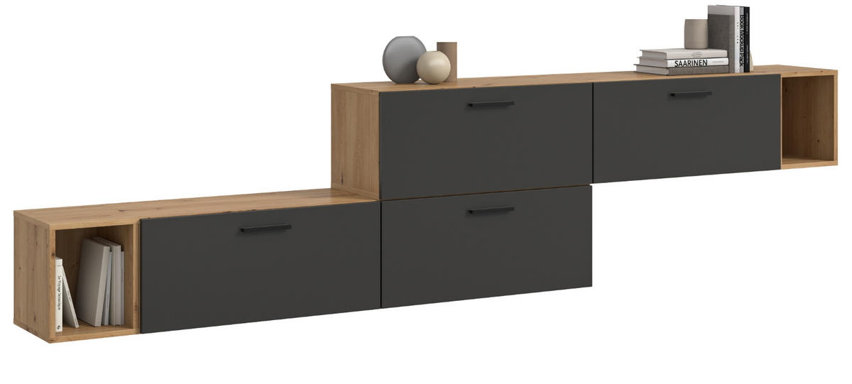 SIDEBOARD grau, Eiche Artisan 277 cm, Kommode mit Soft-Close - Schwarz/Eiche Artisan, Holzwerkstoff/Kunststoff (277/65/34cm) - Inn.Furn