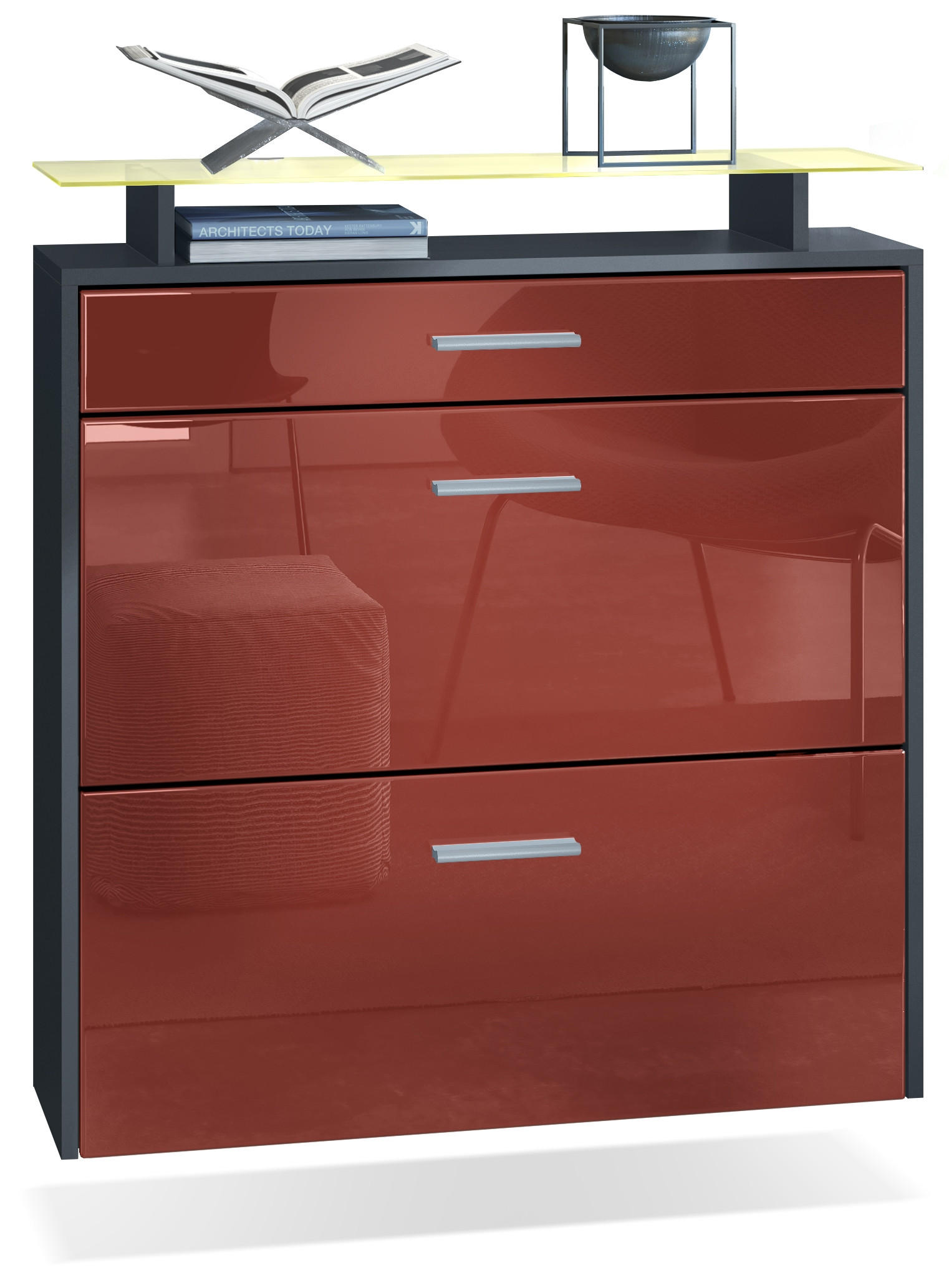 SCHUHSCHRANK Malea Fronten in Bordeaux Hochglanz - Bordeaux, Holzwerkstoff (89/96/23cm) - Vladon