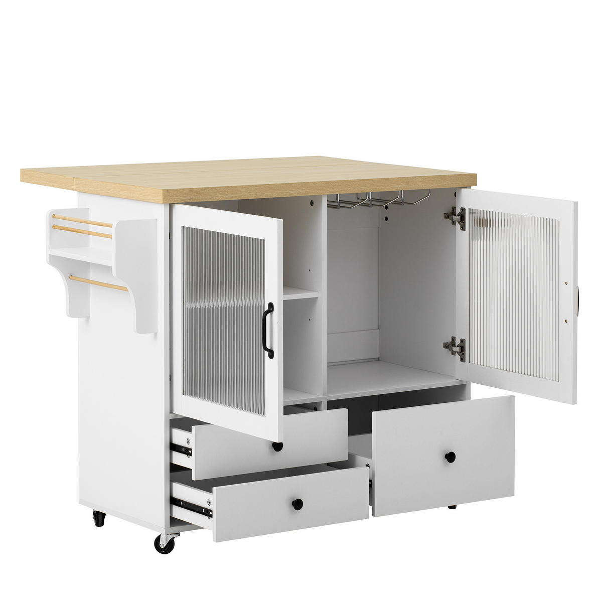 KÜCHENINSEL 100/42-70/91,5 cm aus MDF mit Rollen und klappbarer Arbeitsplatte Weiß/Natur - Weiß, Holzwerkstoff (100/91.5/70cm) - Modenvie