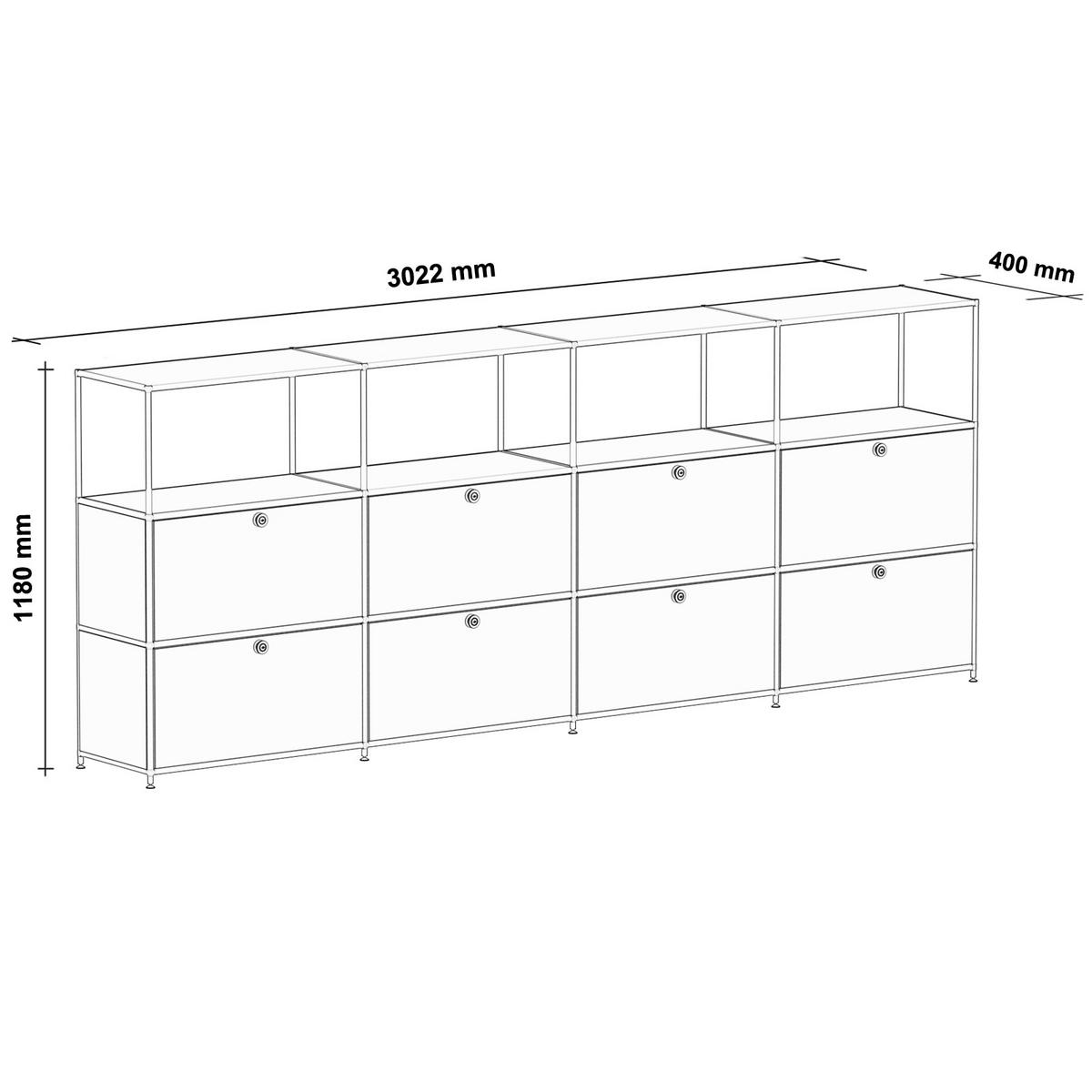 HOCHSCHRANK, 4 offene Fächer, 8 Klappen, Breite 302 cm, Signalweiß - Chromfarben/Silberfarben, Metall (40/118/302.2cm) - Versee