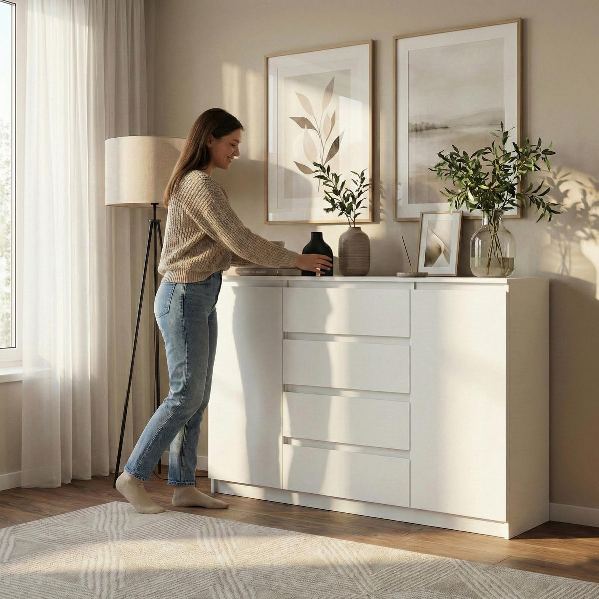 KOMMODE Lemon, mit 2 Türen und 4 Schubladen, 120 cm, Weiß matt - Weiß, Holzwerkstoff (120/101/39cm) - Beautysofa