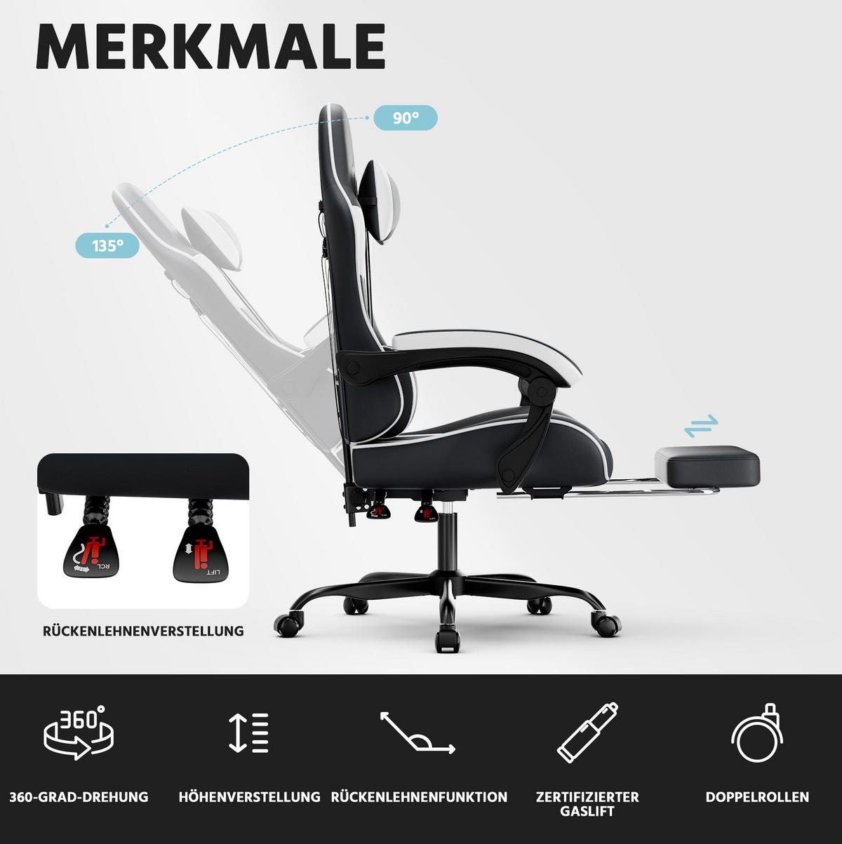 GAMINGSTUHL ergonomisch verstellbar PVC Black White - Weiß, Kunststoff (63/120.5/58.5cm) - Meubliv