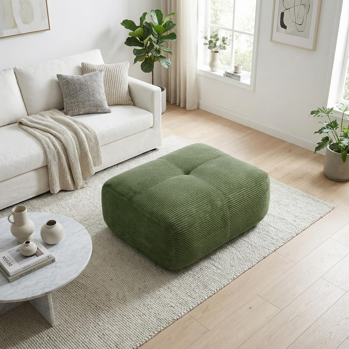 HOCKER OTTOMAN in Premium-Cord Montagefrei & Rutschfest - Grün, Textil (92.5/44/75cm) - Urban Meuble