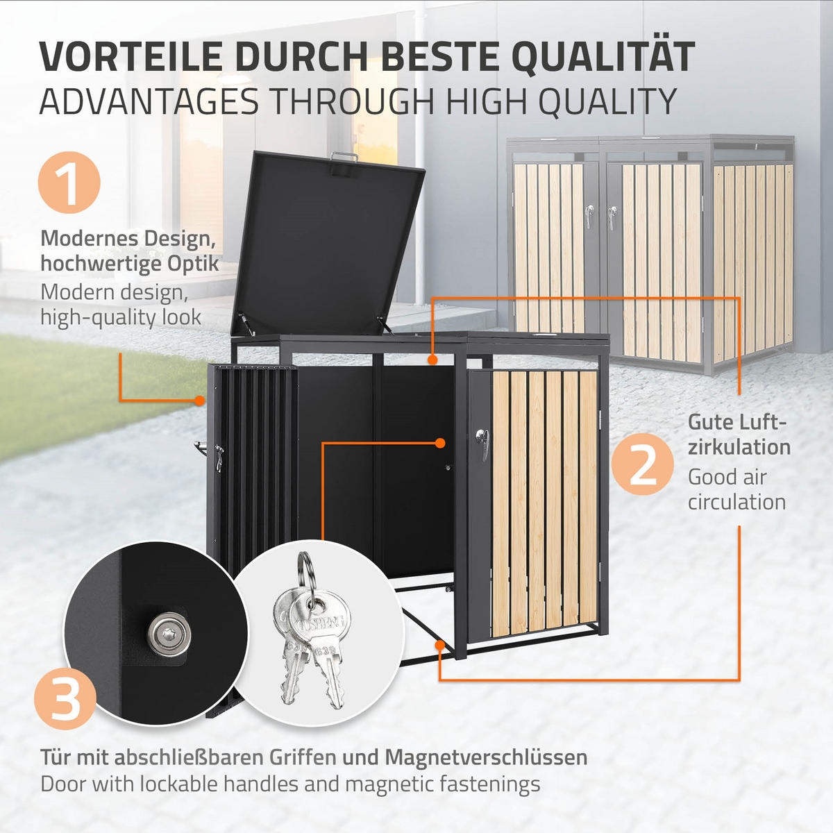 MÜLLTONNENBOX 3er Anthrazit-Lärchenoptik - Naturfarben, Metall (200/120/80cm) - ML-DESIGN